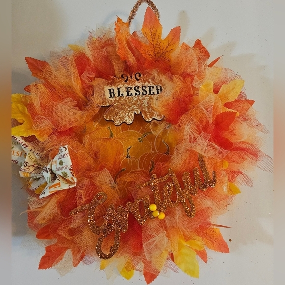 Handmade Fall Holiday Wreath Blessed Grateful Autumn Decor - Picture 3 of 17